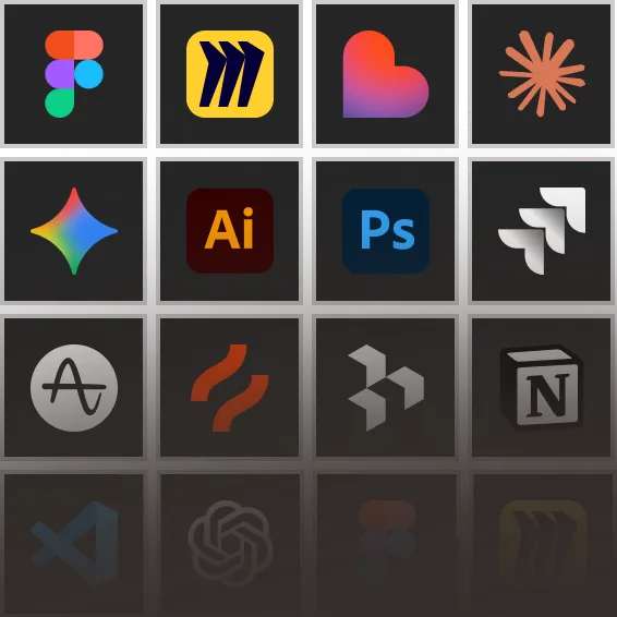 Grade com os ícones das ferramentas que uso: Figma, Miro, Photoshop, Illustrator, Notion e outras