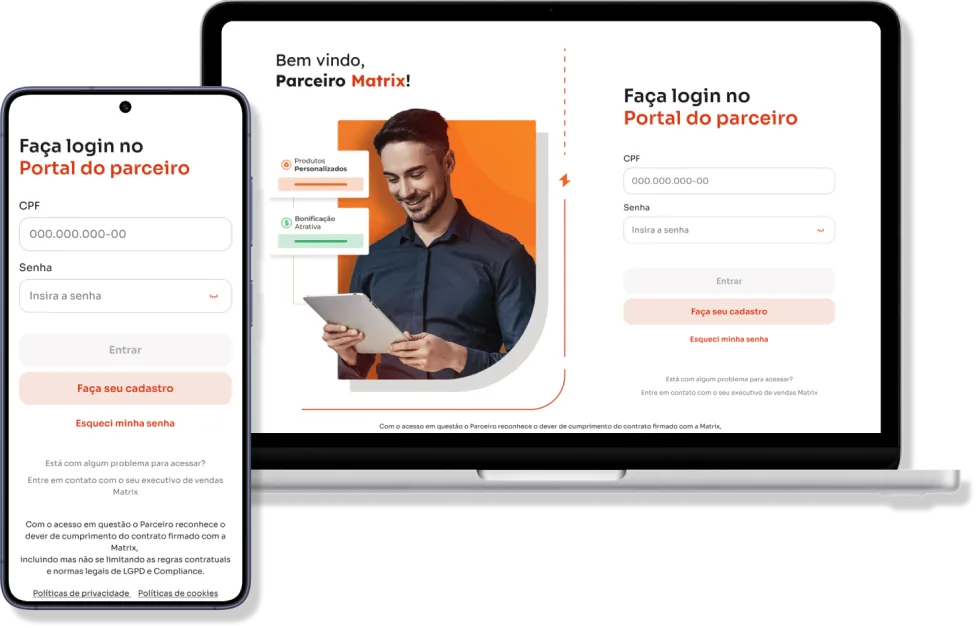 Tela de login do Portal do Parceiro Matrix em desktop e mobile