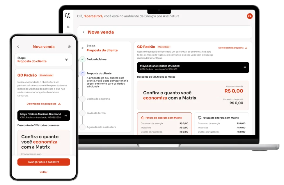 Fluxo de nova venda no Portal do Parceiro, mostrando etapas da proposta do cliente em desktop e mobile